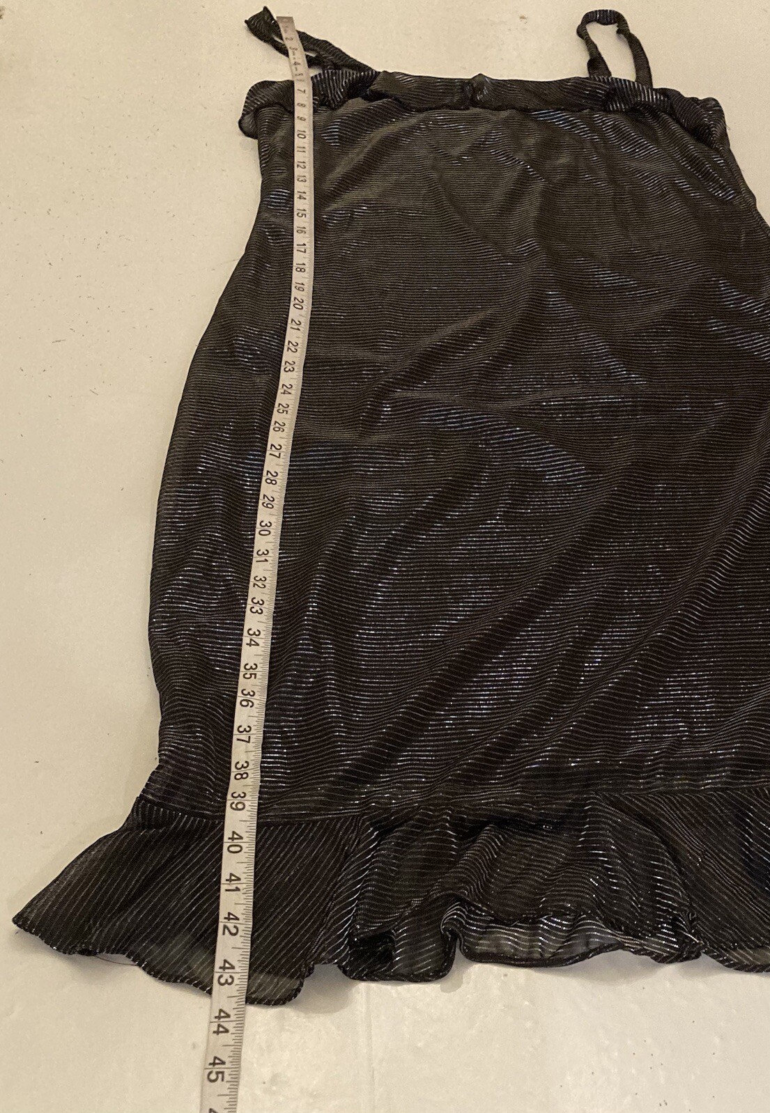 Vintage Fashion Bug Black Metallic Striped Slip Dress Size 12 Ruffle Hem 90s