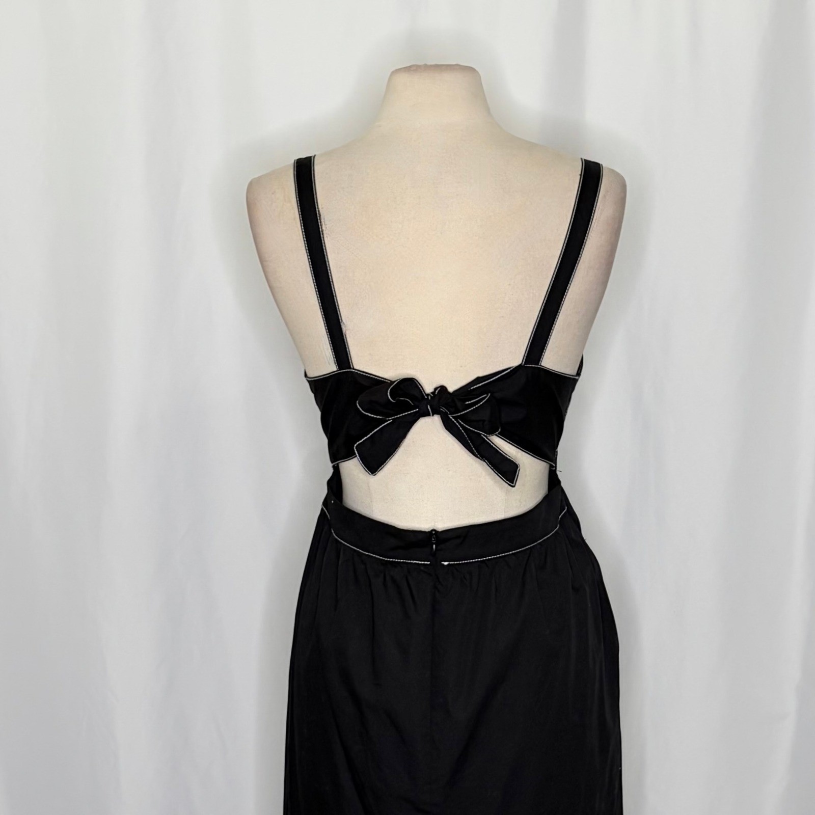 ZARA Luiza Black Midi Dress Tie Back Contrast Stitching Pockets Poplin X-Large