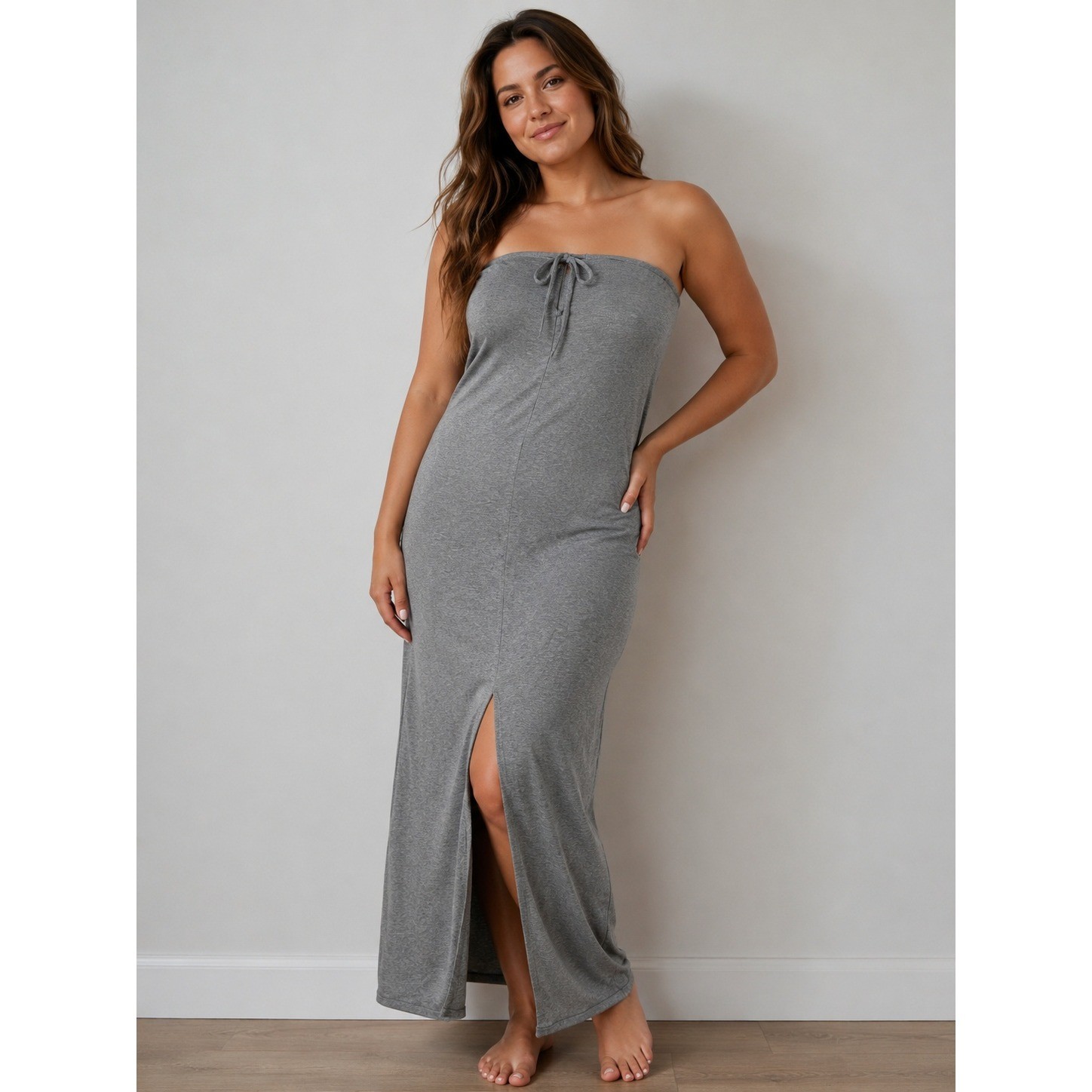 SKIMS Soft Lounge Tube Dress Heather Grey Modal Rib Maxi Slit 4X NEW