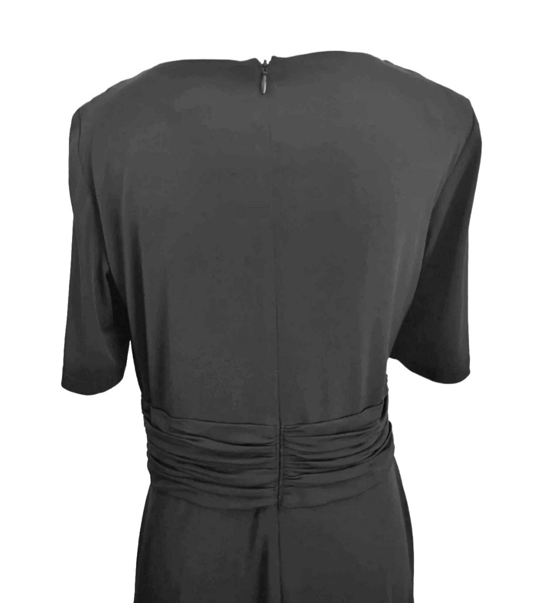 Laura Jeffries Black Drape Neck Dress Size 10 Ruched Waist Short Sleeve