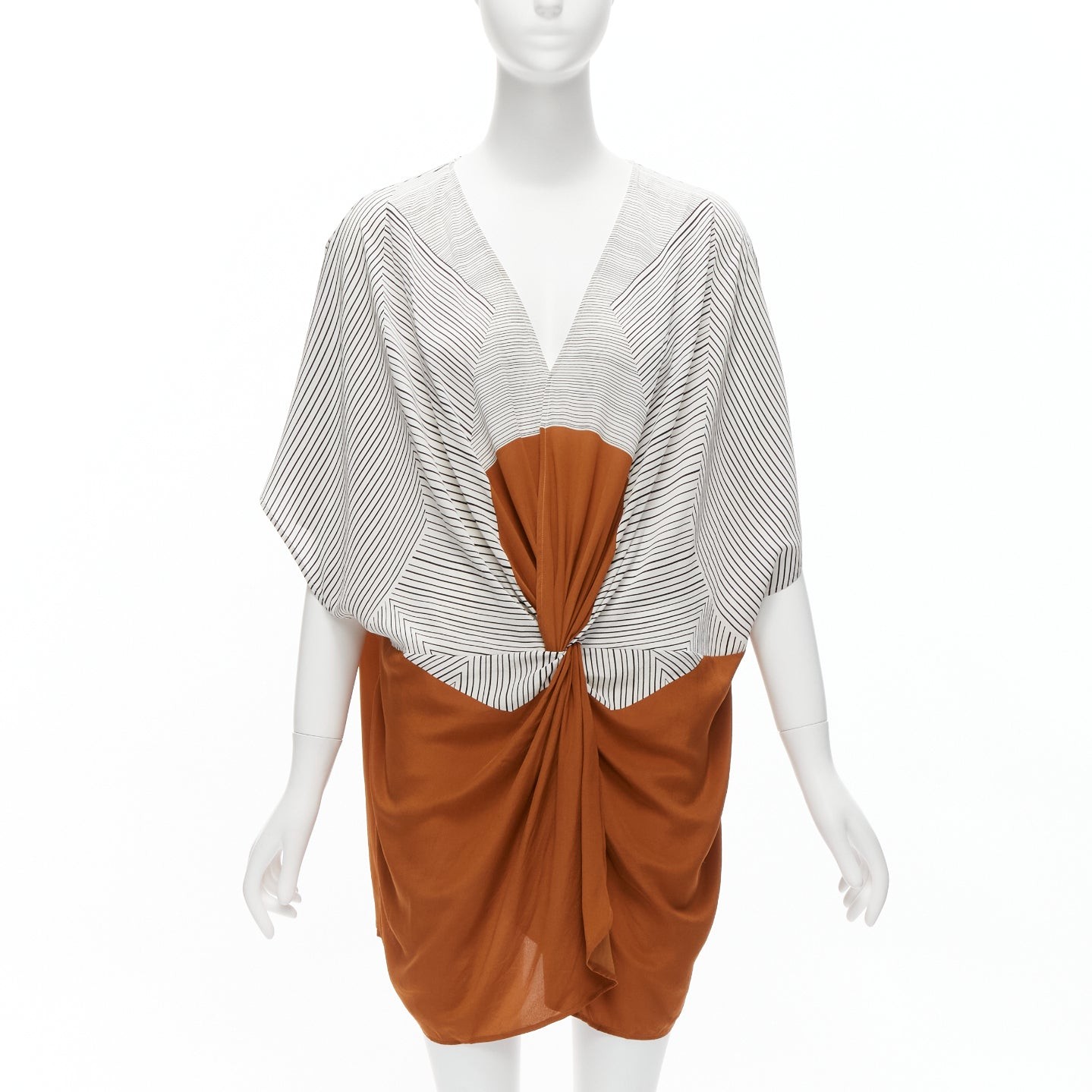 ERES 100% silk black white striped brown colorblocked knot coverup tunic S