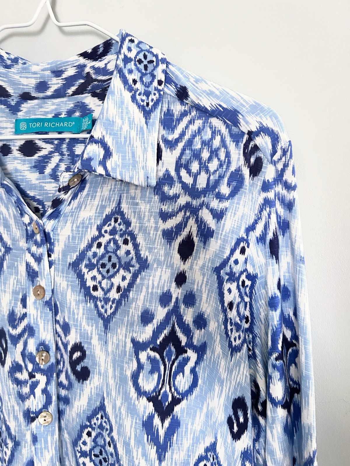 Tori Richard Blue White Ikat Print Shirt Shift Dress Coastal Resort Size L