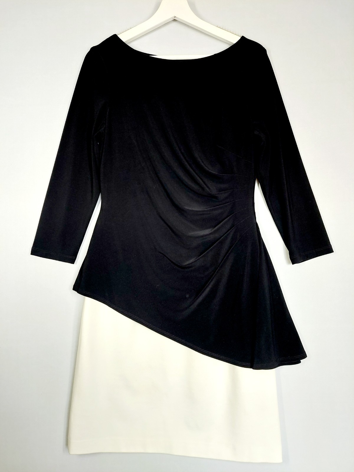 Lauren Ralph Lauren Black Ivory Peplum Dress Womens UK 14 Ruched Asymmetric