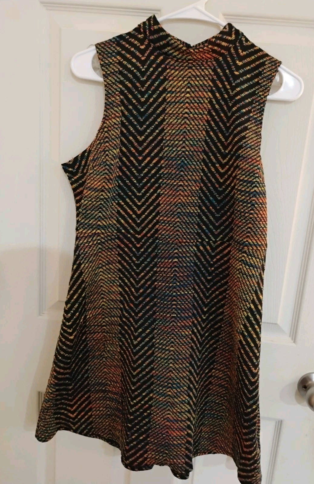 Bar III Mock Neck Fit Flare Dress Size L Chevron Stripe Sleeveless Multi Color
