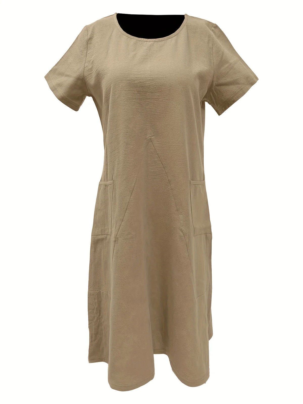 Women Round Neck Short Sleeve Double Pocket Loose Cotton Linen Knee Length Dress