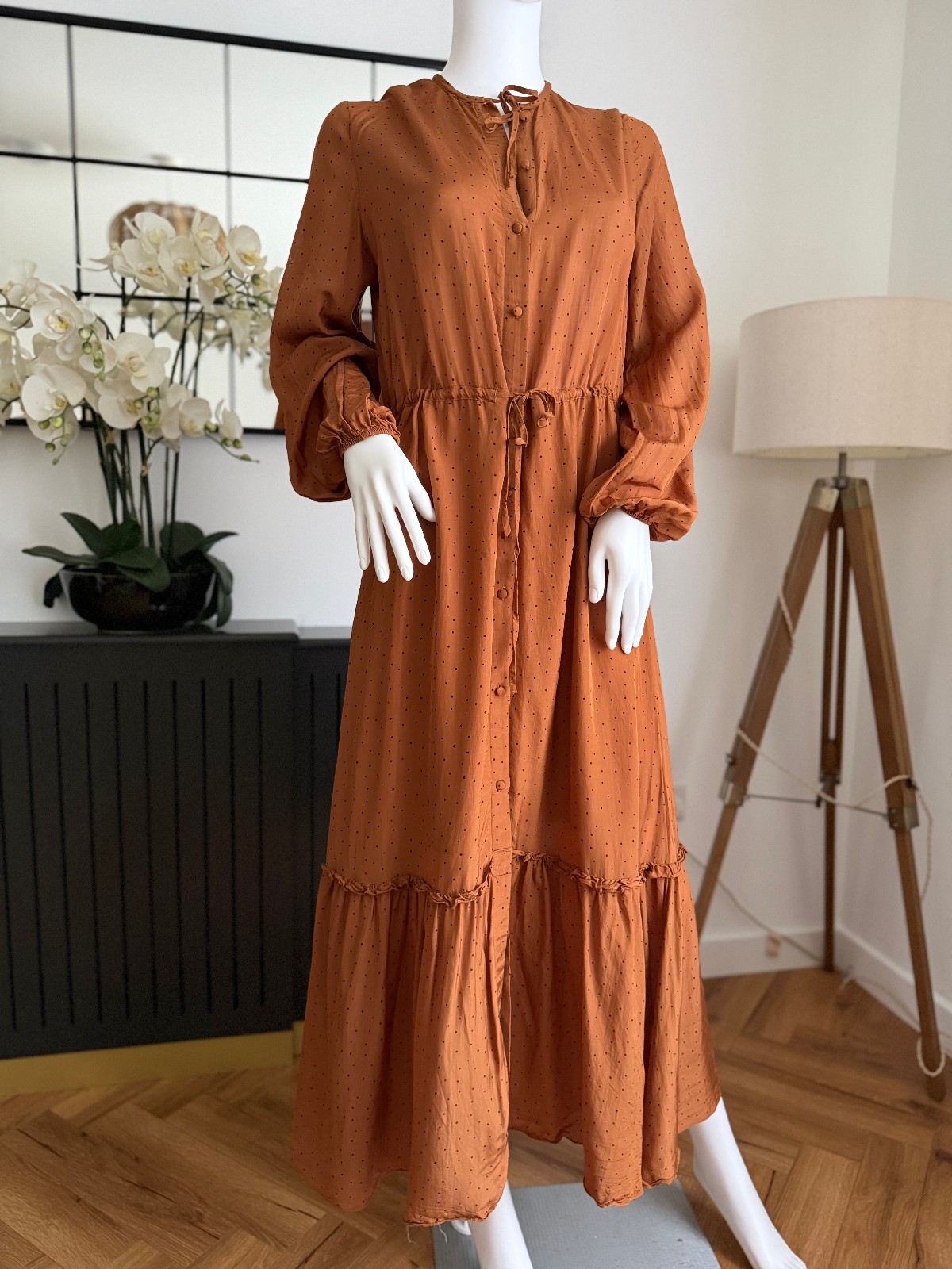 Other Stories polka dot ruffled midi dress in Brown UK 10 EU 38 S