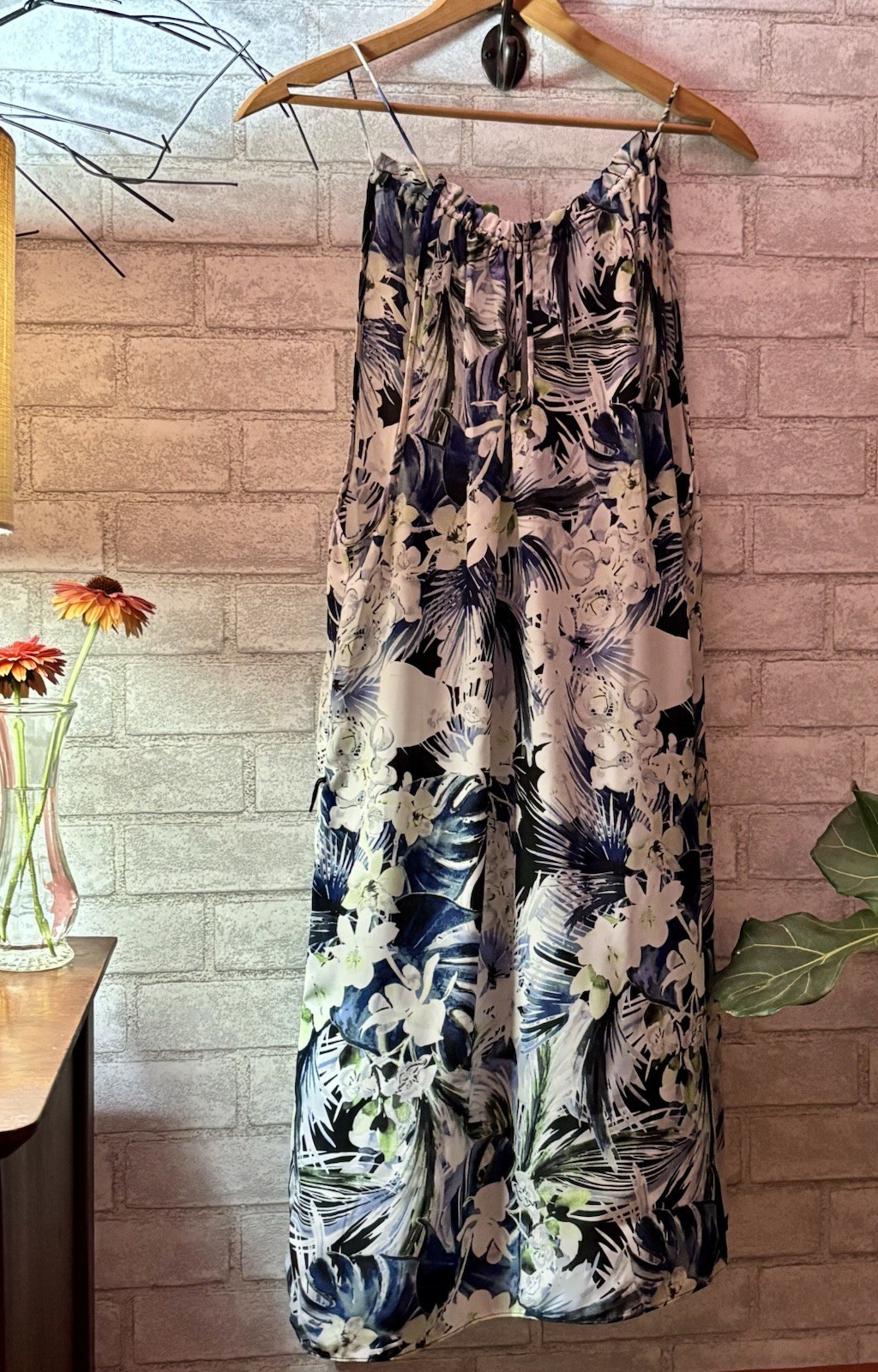 Kensie Tropical Floral Palm Print Halter Maxi Dress Sz M Navy White Blue Beach