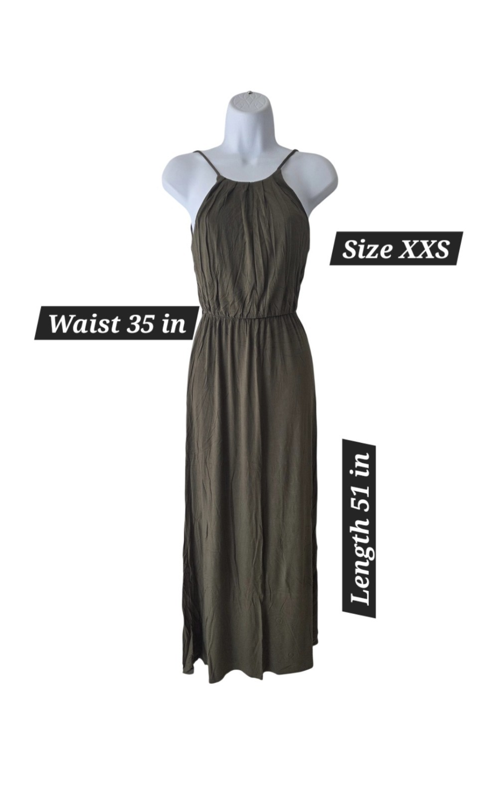 olive green maxi dress high halter neckline and elastic waist Size XXS New