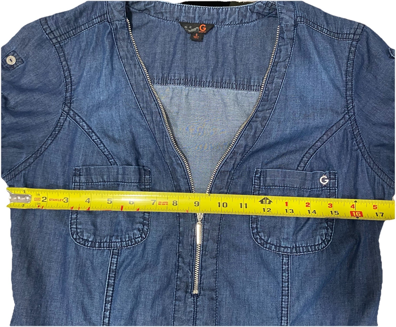 G By Guess Lightweight Chambray Denim 1/4 Zip Short Sleeve Dress Roll Sleeves