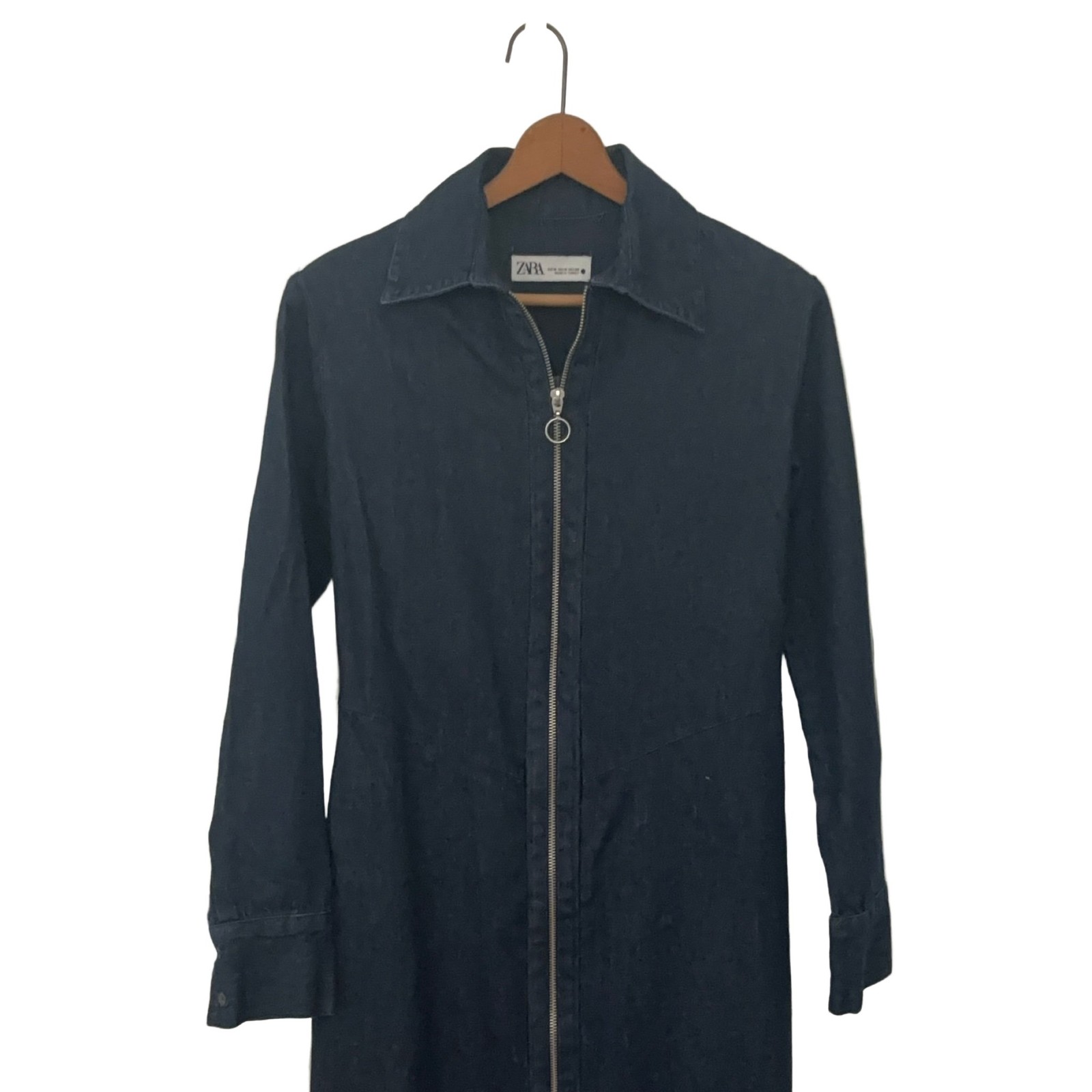 Zara Dress Medium Dark Denim Midi Length Zipper Office Fall