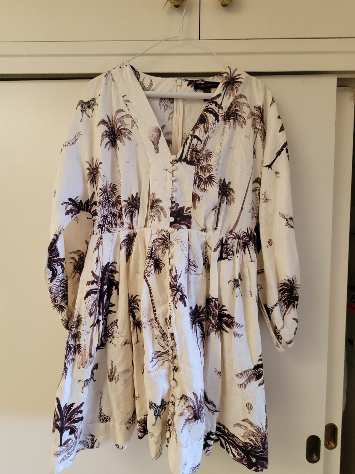 Nwot Banana Republic Linen Brown Safari Palm trees Short Summer Linen Dress Xs