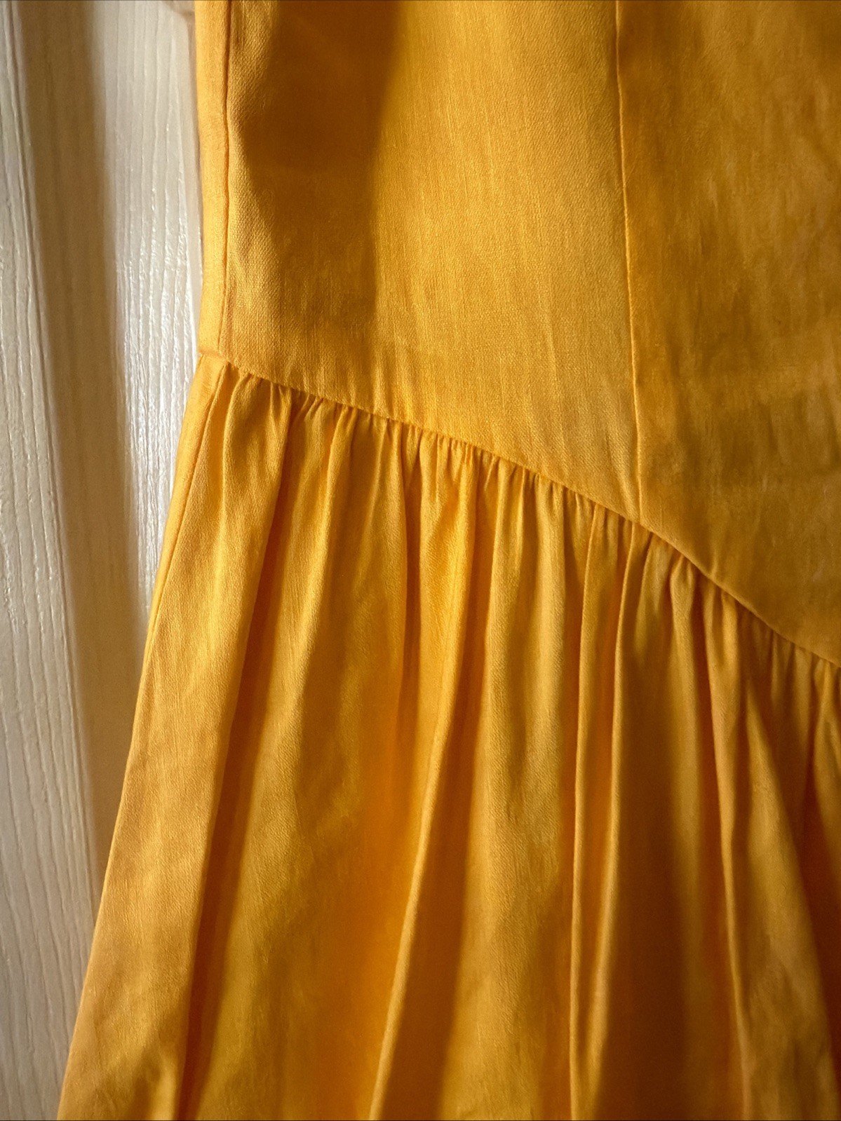 By Gianni Bini Mustard Color Short Sleeve Linen Dress With Bubble Hem