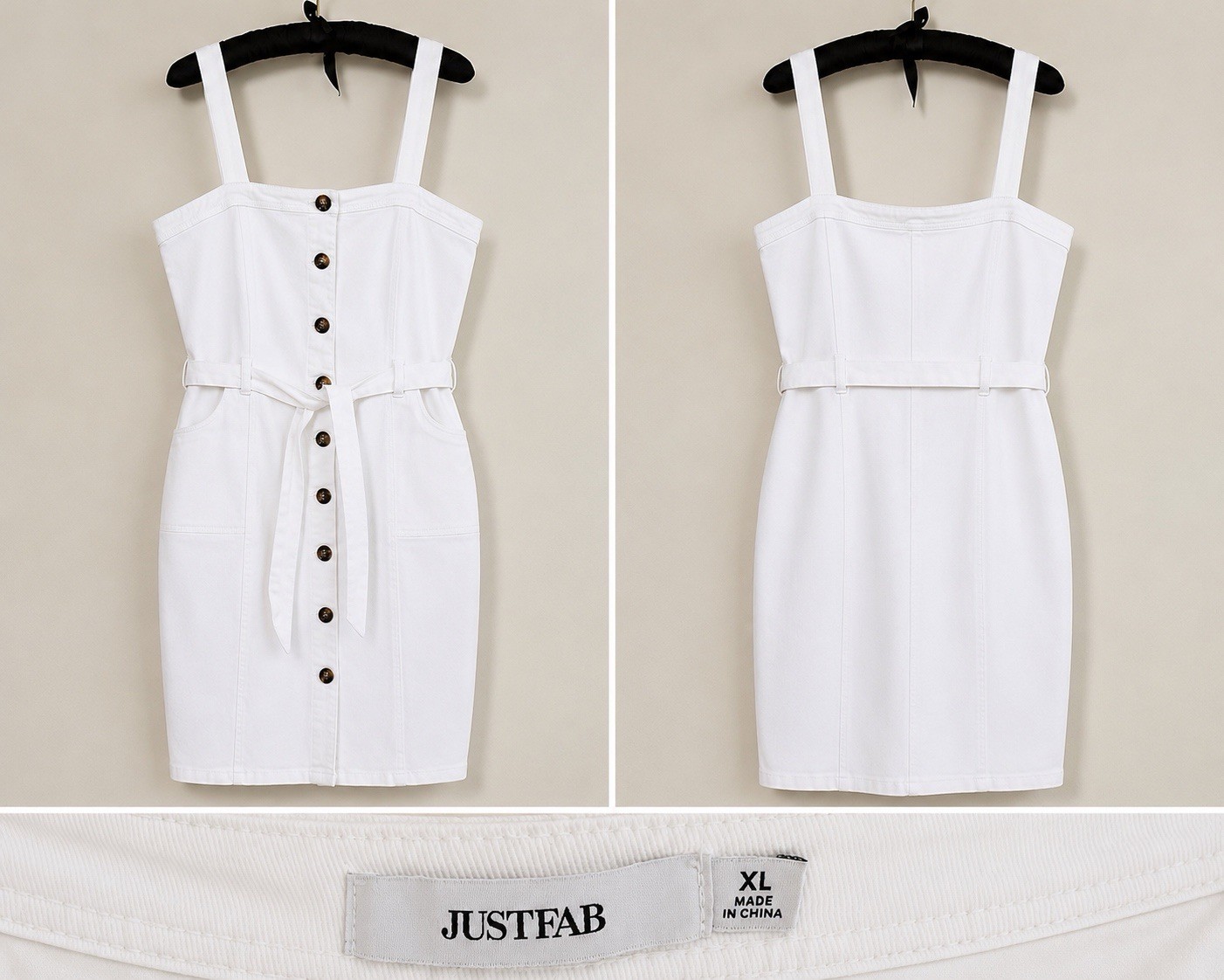 JustFab Women’s White Denim Button Front Belted Dress XL Sleeveless With Pockets