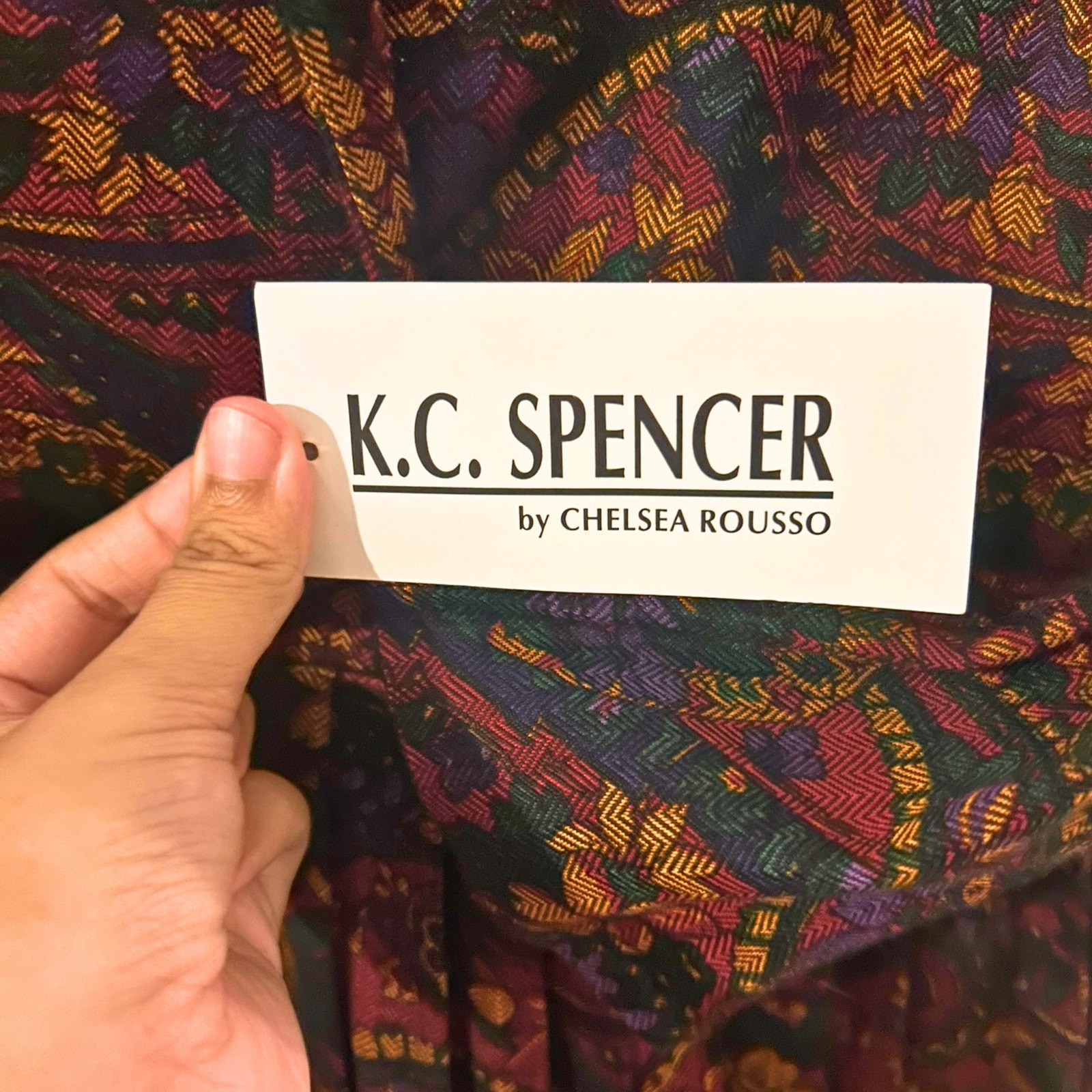 Vintage KC Spencer NWT Paisley Pleated Maxi Dress 12 USA Velvet Trim Rayon
