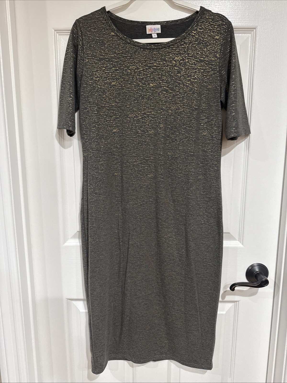 LuLaRoe Limited Edition MED Short Sleeve Midi T-Shirt Dress Gray/Gold Metallic