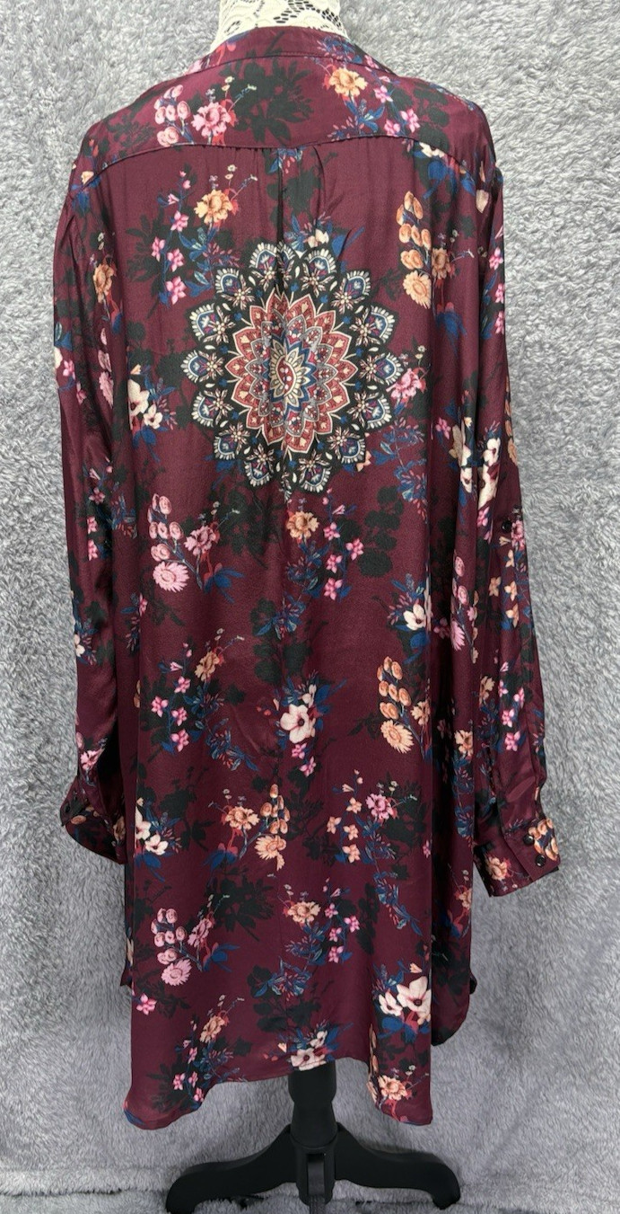 Tolani Burgundy Floral Mandala Silk High Low Tunic Dress Boho 2X Women’s Plus