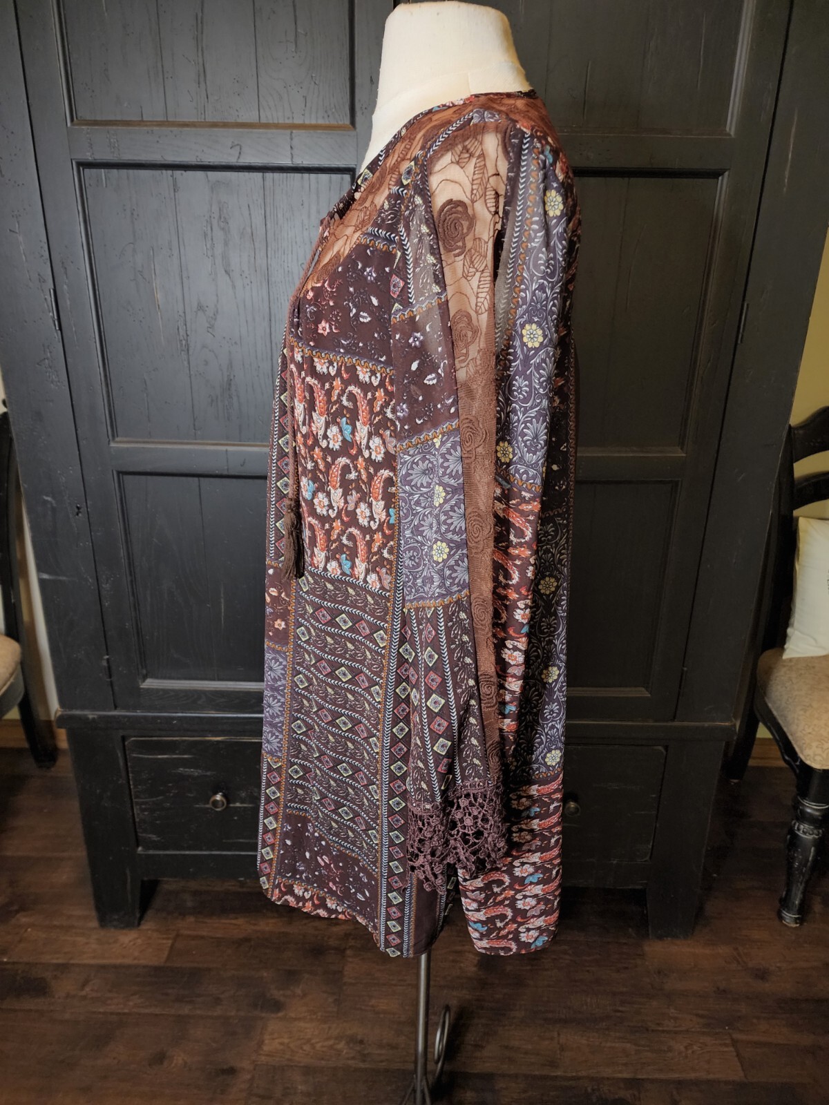 Bow + Arrow Boho Peasant Dress Brown Patchwork Sheer Lace Tassels Women’s S EUC