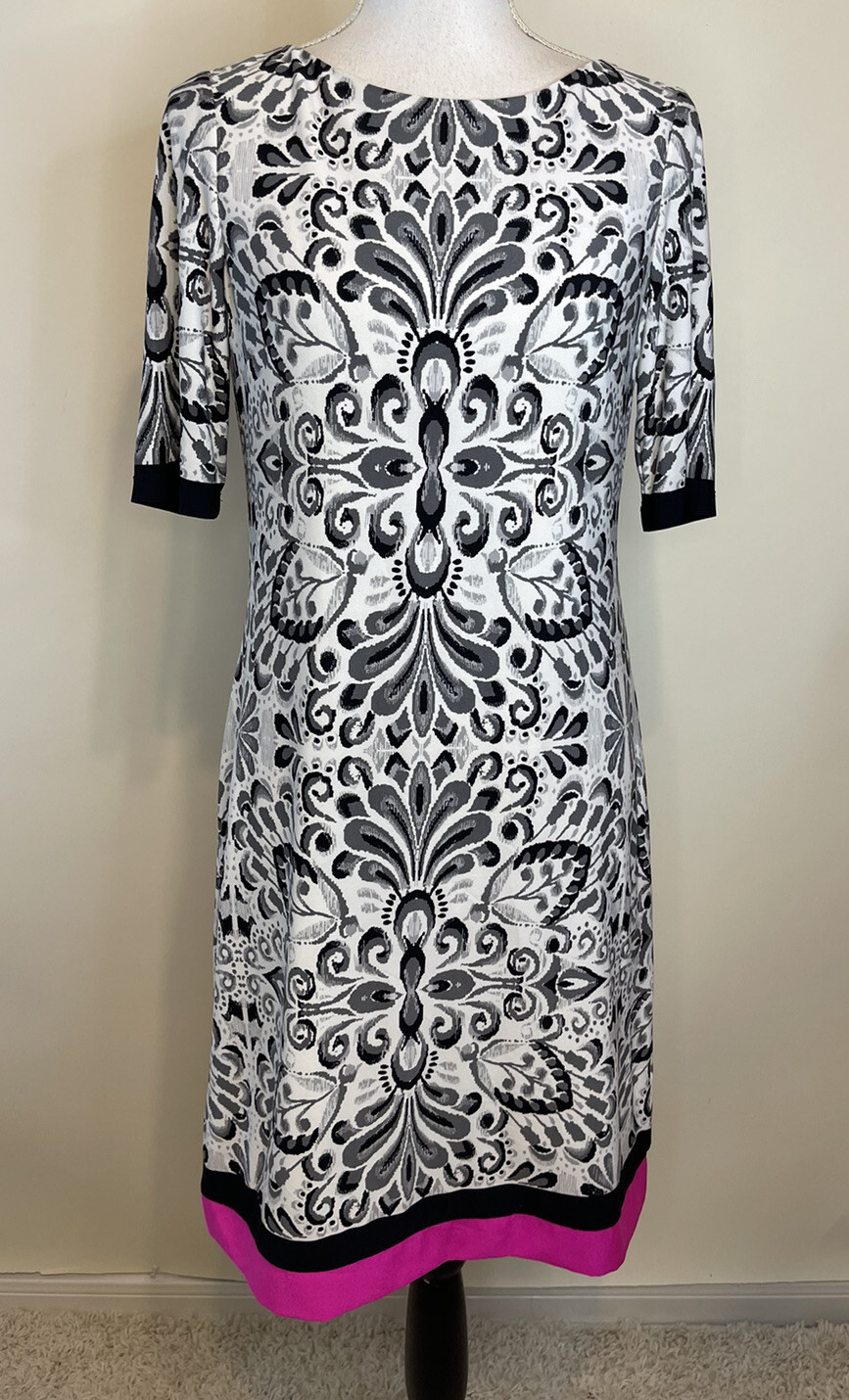 Eliza J Dress SZ 6 Stretch Pink Gray Black Abstract Exposed Zipper Half Sleeve