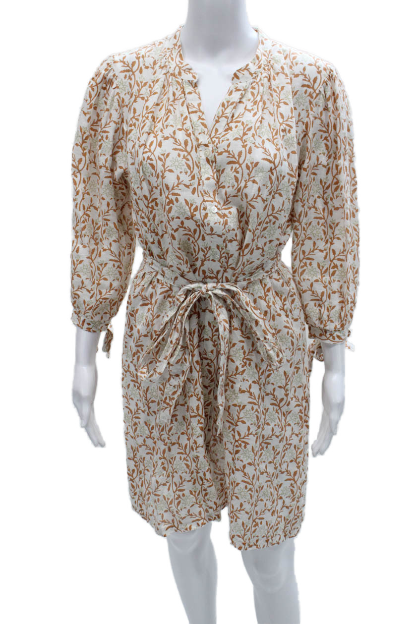 Hannah Womens Shirt Dress Multicolor Linen V Neck Long Sleeve Button Size M