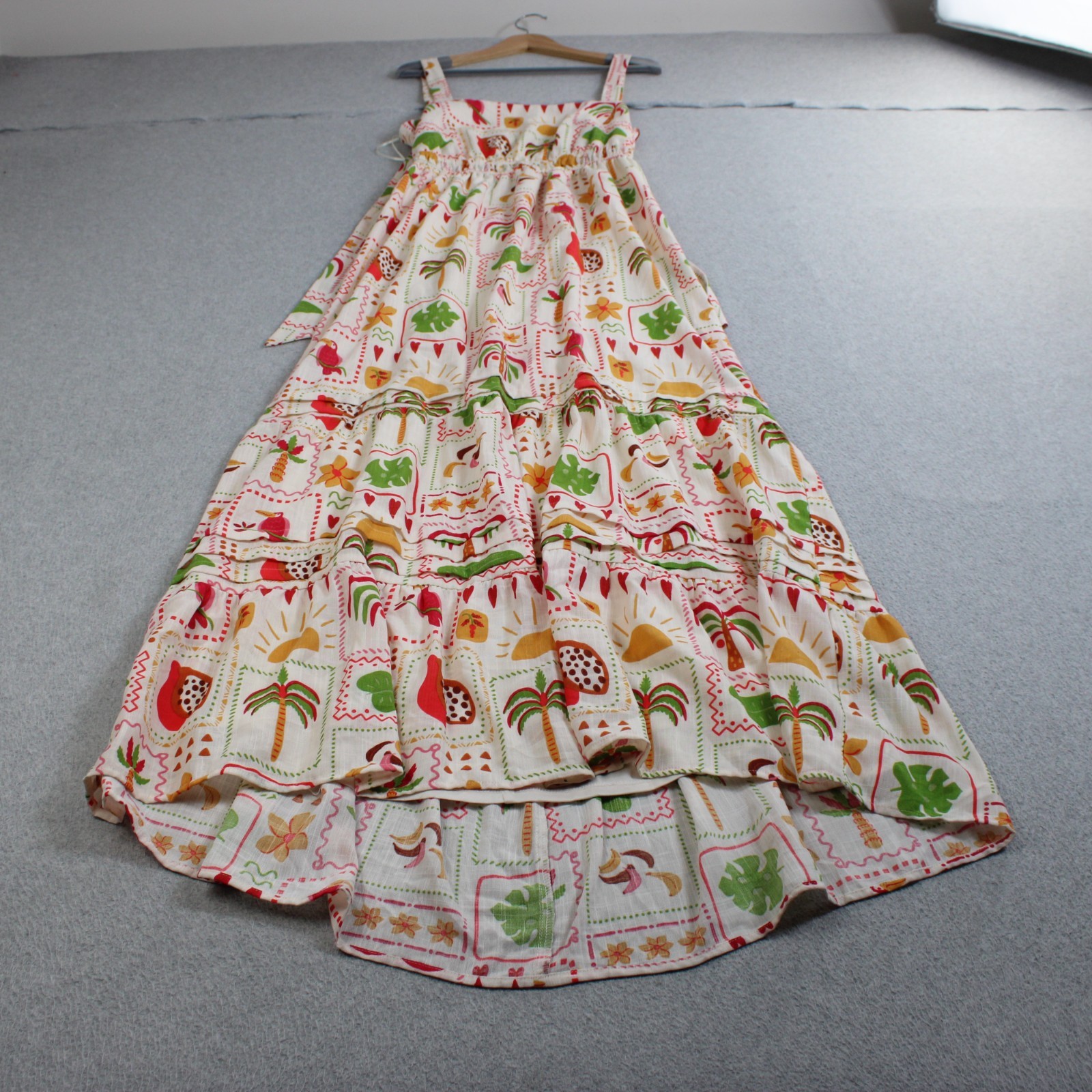 Tropical Dress Women XL White Maxi Back Tie Tiered Parrot Boho Coastal Cruise