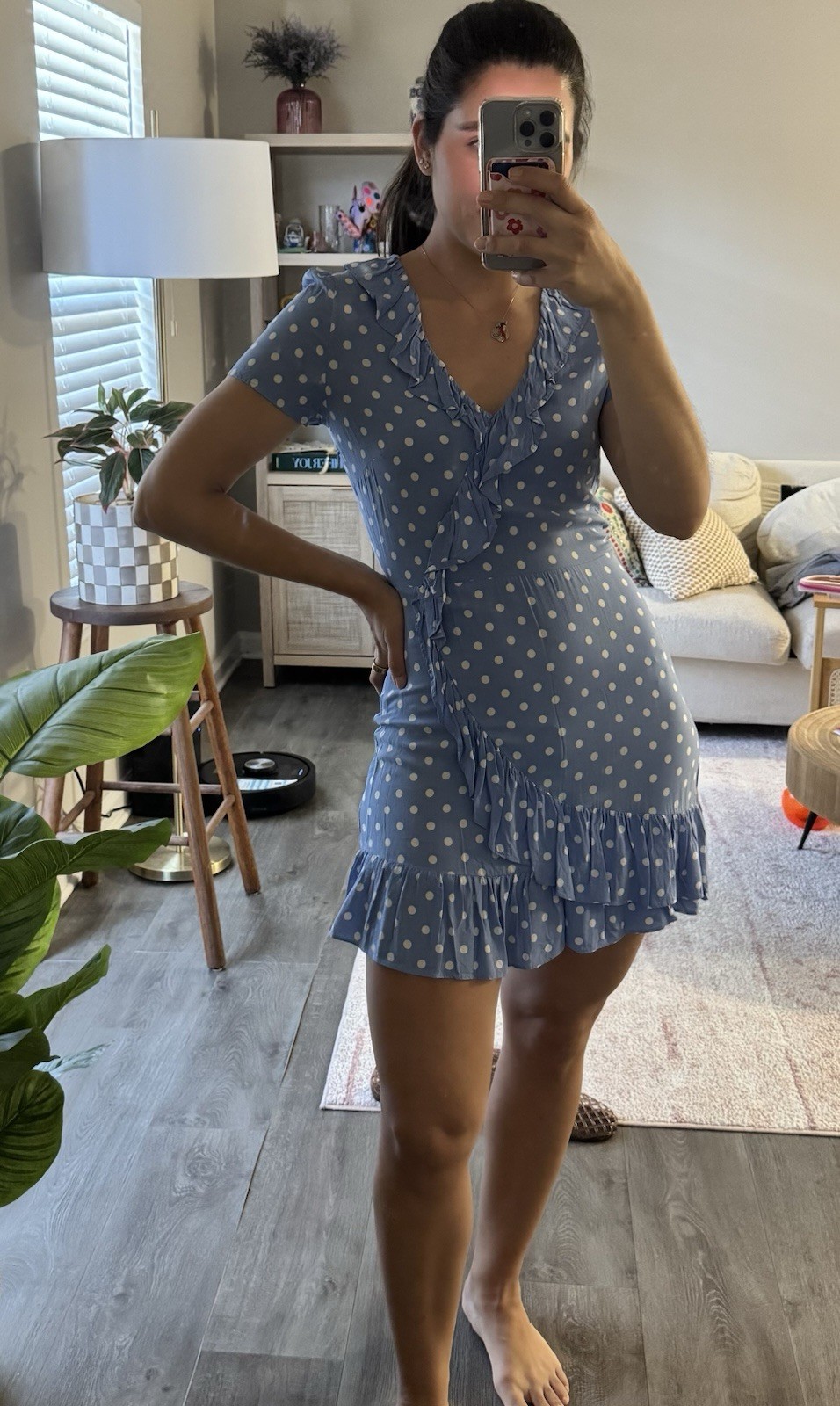 Mango Light Blue and White Polka Dot Ruffle Wrap Dress