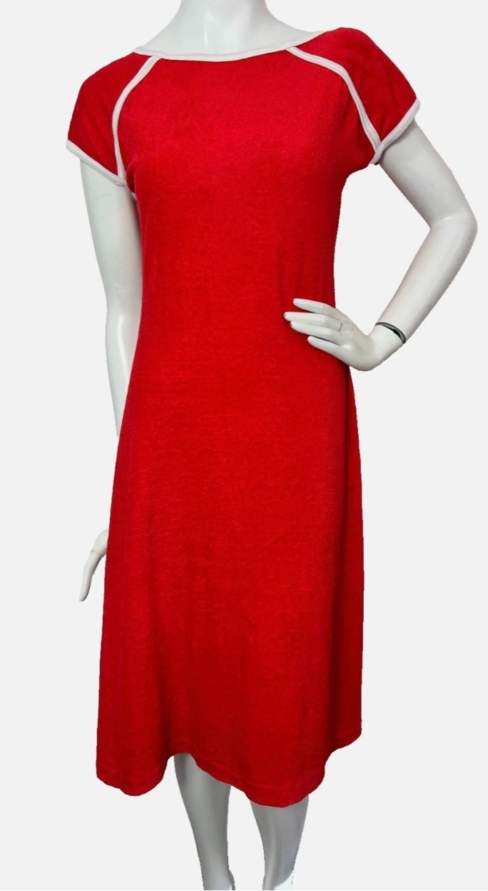 Retro 70s Terry Cloth Dress Medium Red Cabana Chic Beach Lounge Midi Shrt Sleeve