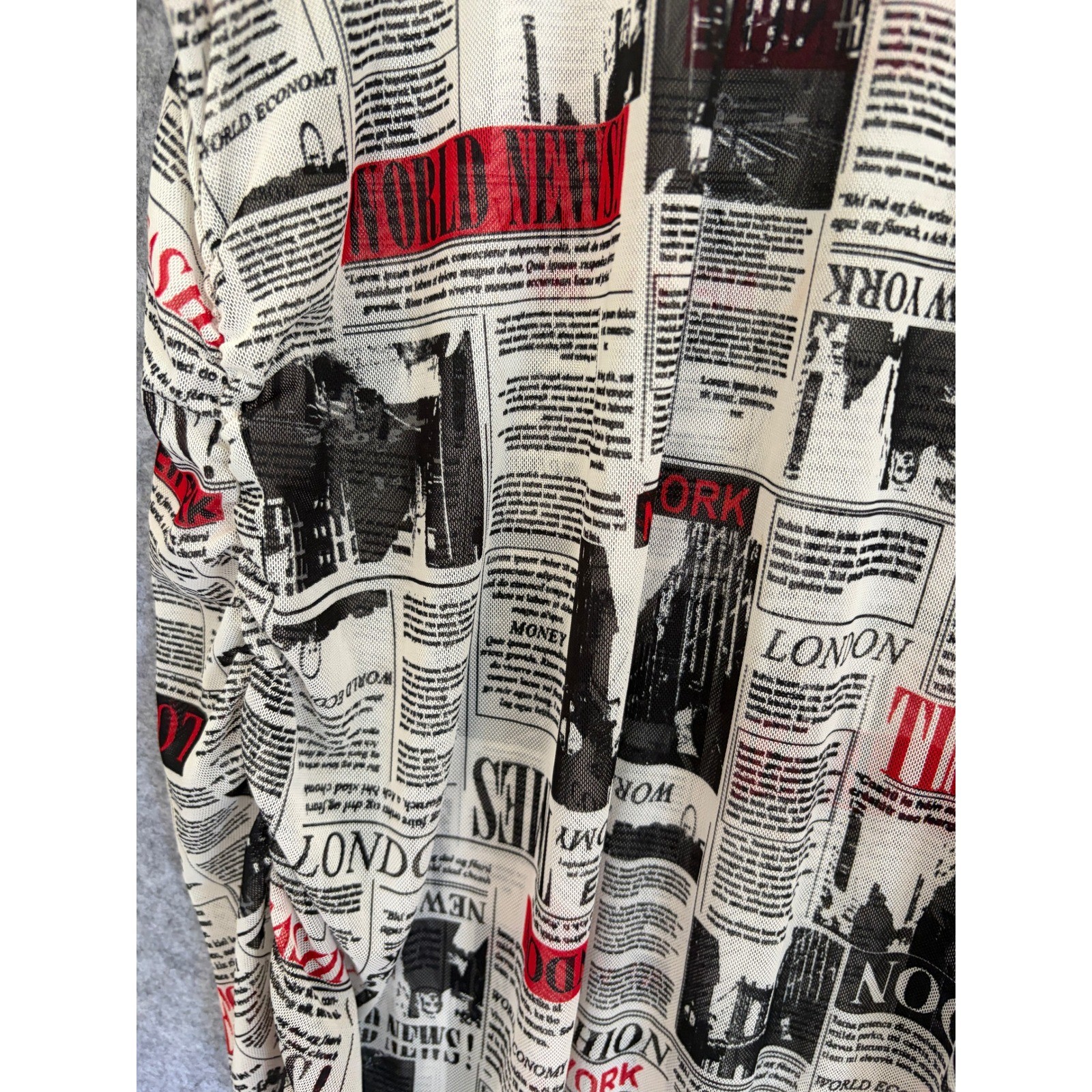 OBJEX Newspaper Print Mesh Ruched Long Sleeve Midi Bodycon Dress Black Red White