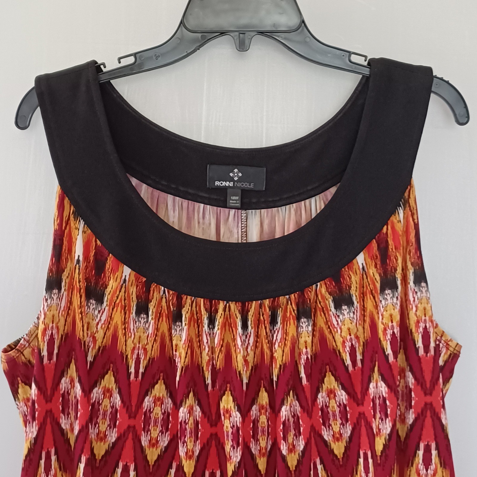 Ronni Nicole Womens 18W Ikat Print Sleeveless Shift Dress Red Orange Black 50838