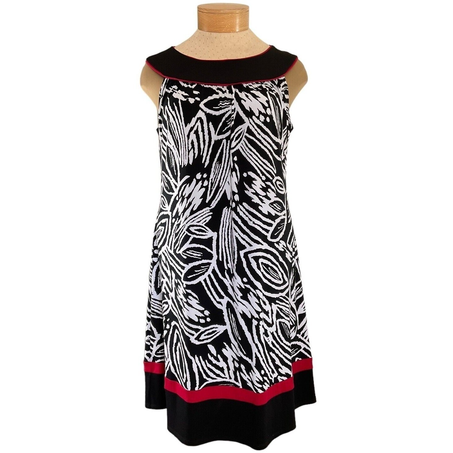 Enfocus Studio Women Black White Abstract Leaf Print Sheath Dress Red Trim 12