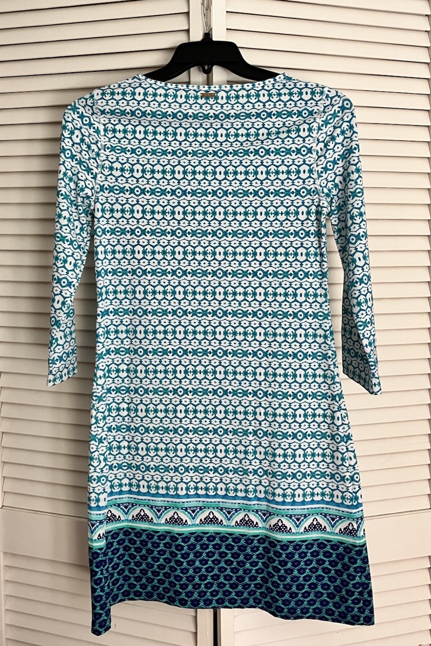 NWT Cabana Life Cottage Coastal Aqua and Navy Patterned Dress Size Small