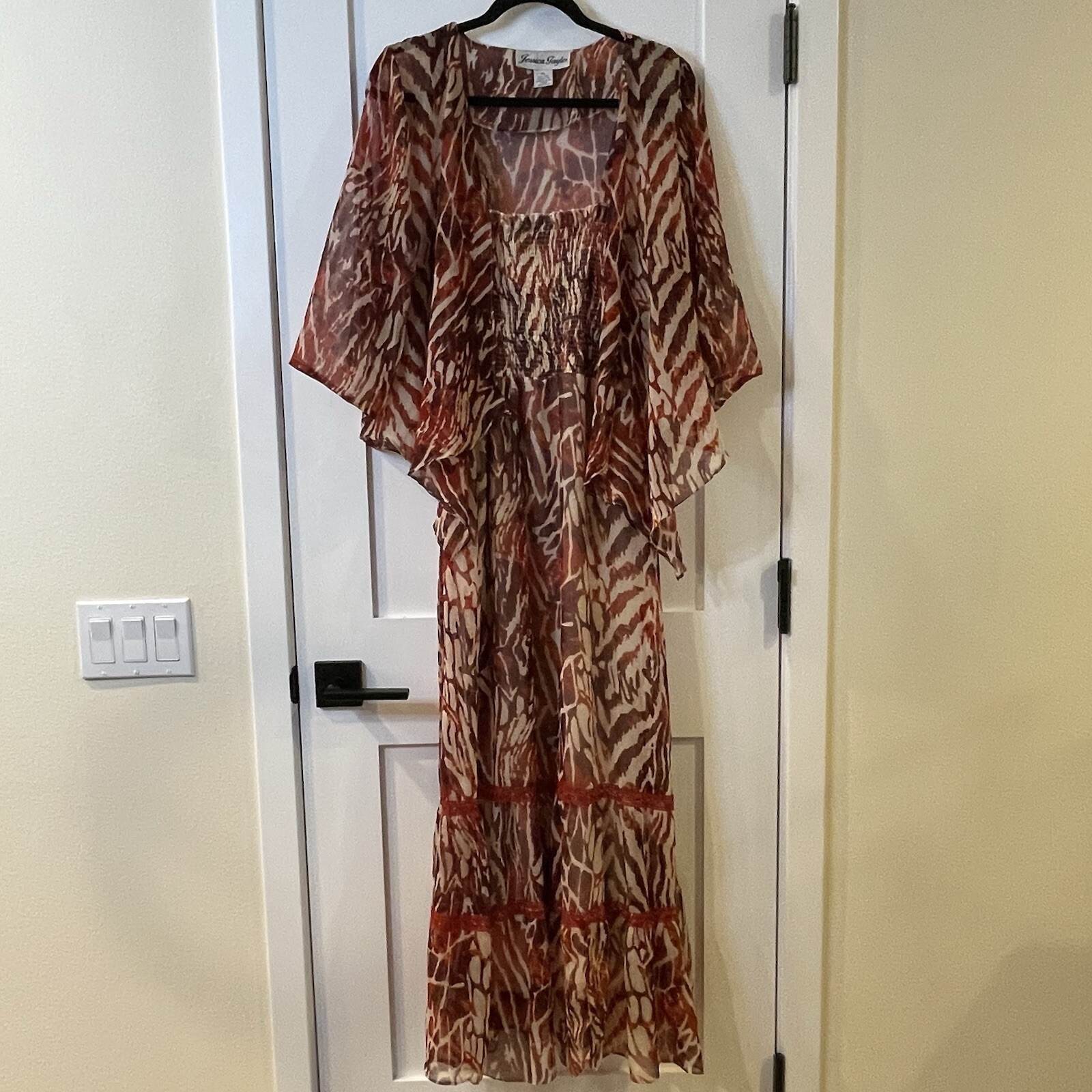 Jessica Taylor Maxi Dress Brown 2 pc Tier Chiffon XL Sleeves Boho Cruise Sheer