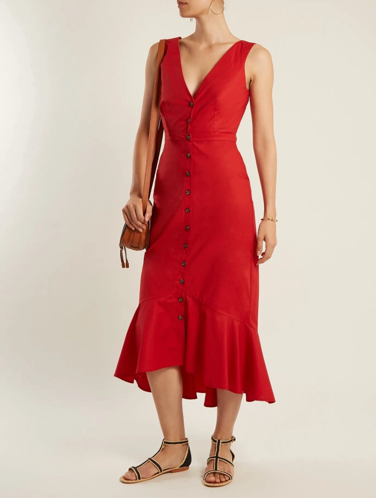 SALONI Zoey Cut Out Cotton Poplin Midi Dress Fluted Hem Red 6 Button Down V Neck