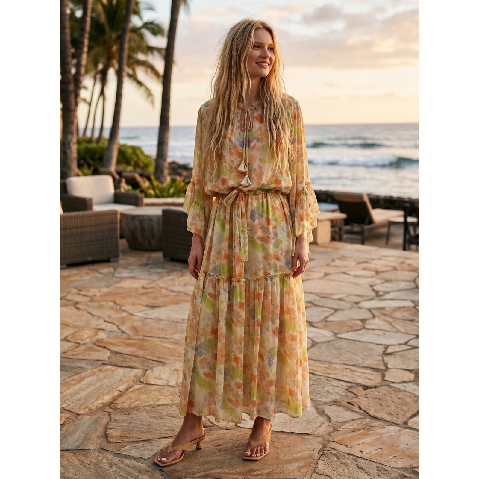 Misa Los Angeles Marcele Floral Chiffon Midi Dress Pastel Splash Size Medium NWT