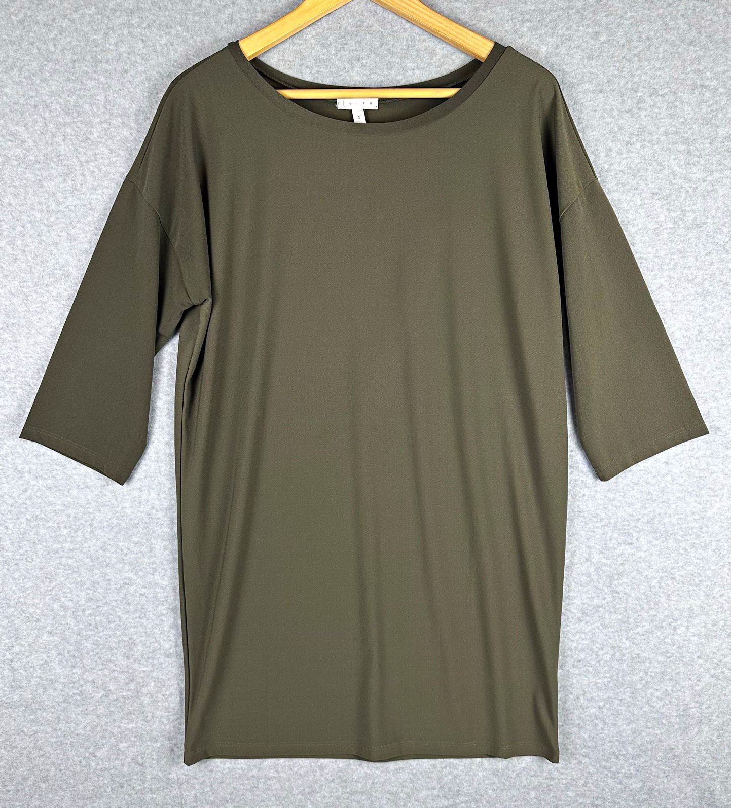 Leith Tunic Top Small Olive Green 3/4 Sleeve Boat Neck Stretch Longline