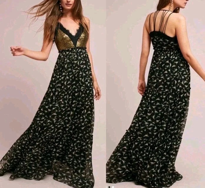 Anthropologie Ranna Gill Lakshmi Chiffon Sequin Maxi Dress Black Floral Gown 8