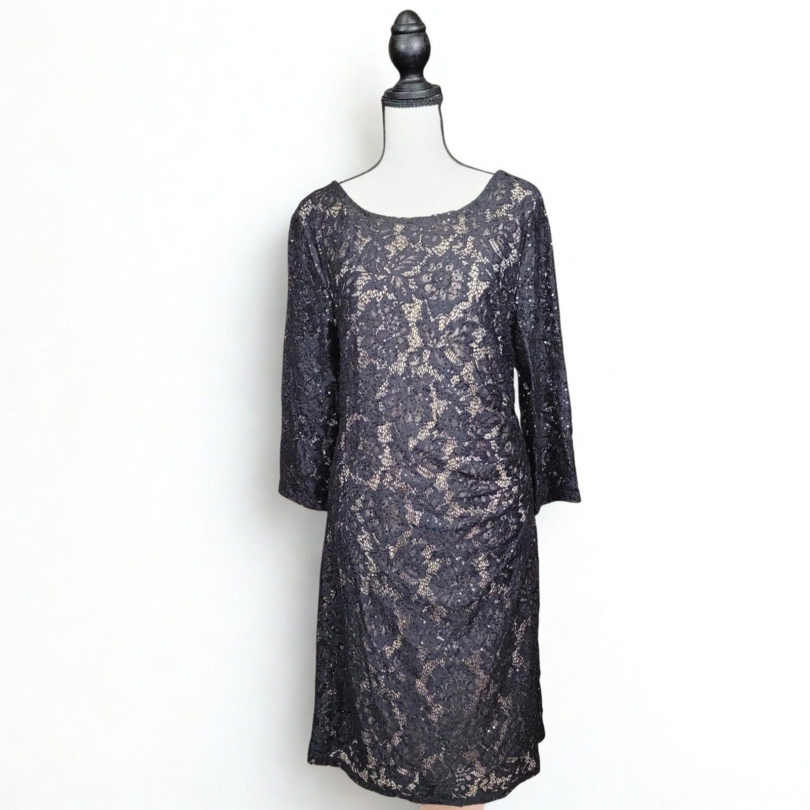 Scarlett Black Lace Sequin 3/4 Sleeve Cocktail Formal Dress Size 16 Knee Length