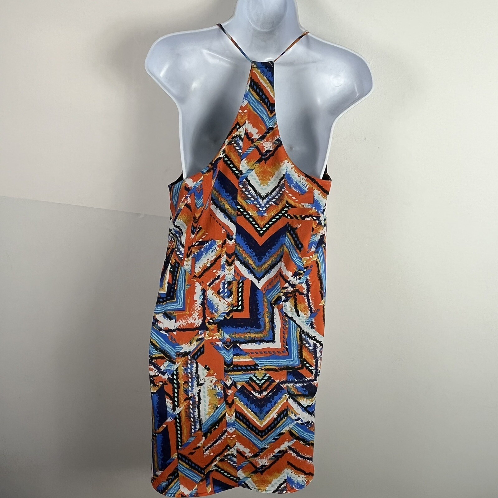 Three Eighty Two Sun Dress Sz S Orange Blue White Geometric V Neck Boho Festival