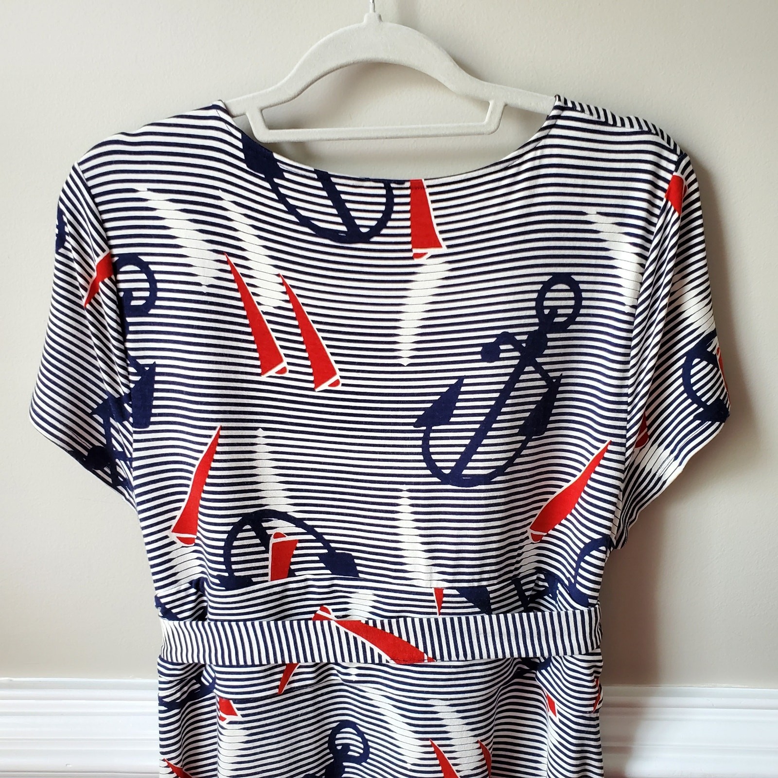 Talbots Blue White Nautical Midi Dress L Classic Casual Career Preppy Stretch