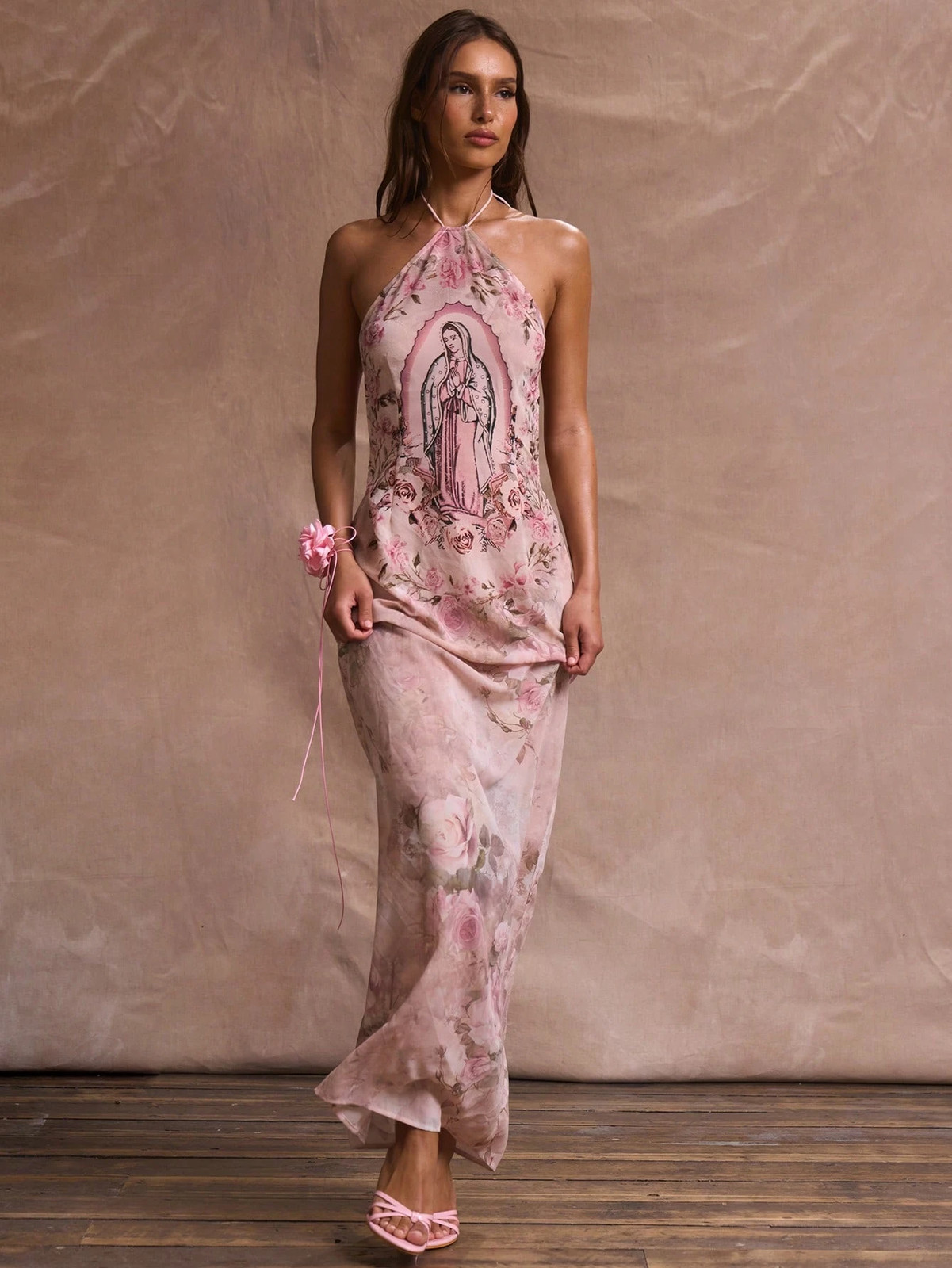 Musera Resort Halterneck Strappy Mesh Printed Maxi Cover Up Dress Summer Ibiza