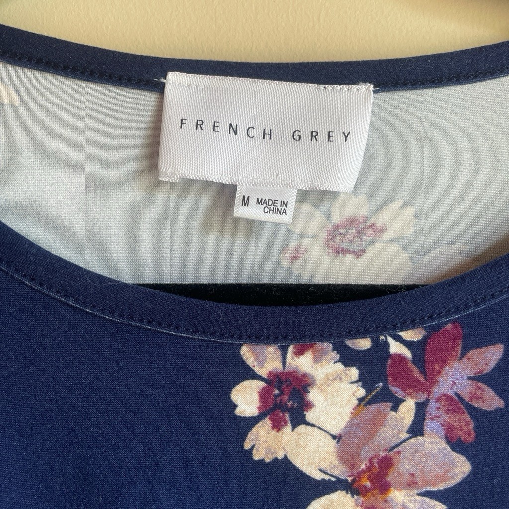French Grey Navy Floral Knit A-Line Knee Dress M 3/4 Sleeve Stretch Pullover