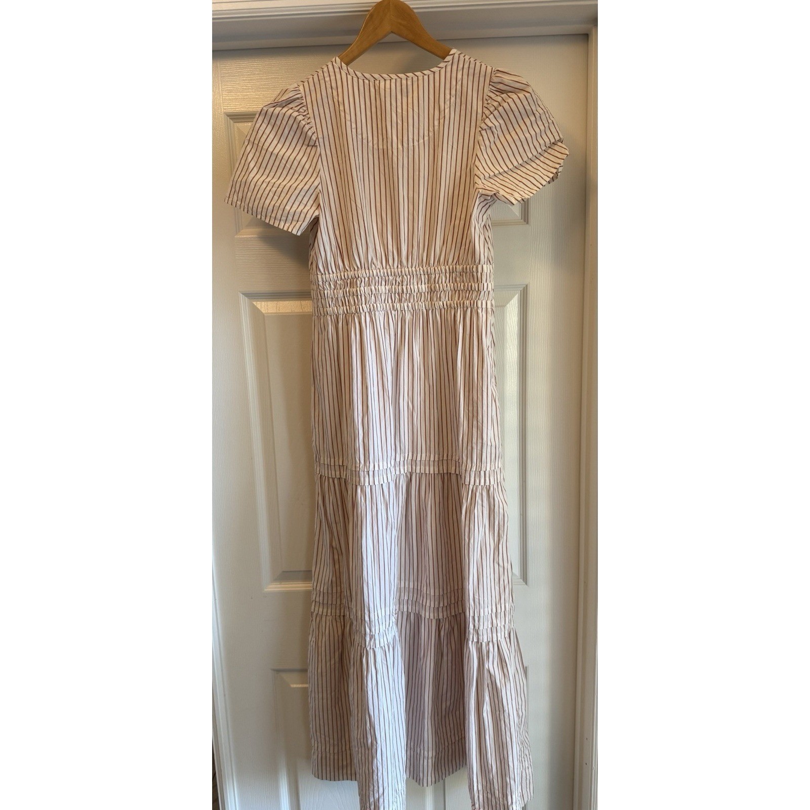 Quince Maxi Dress Womens XS Terracotta Stripe Organic Cotton Tiered Puff Sleeve
