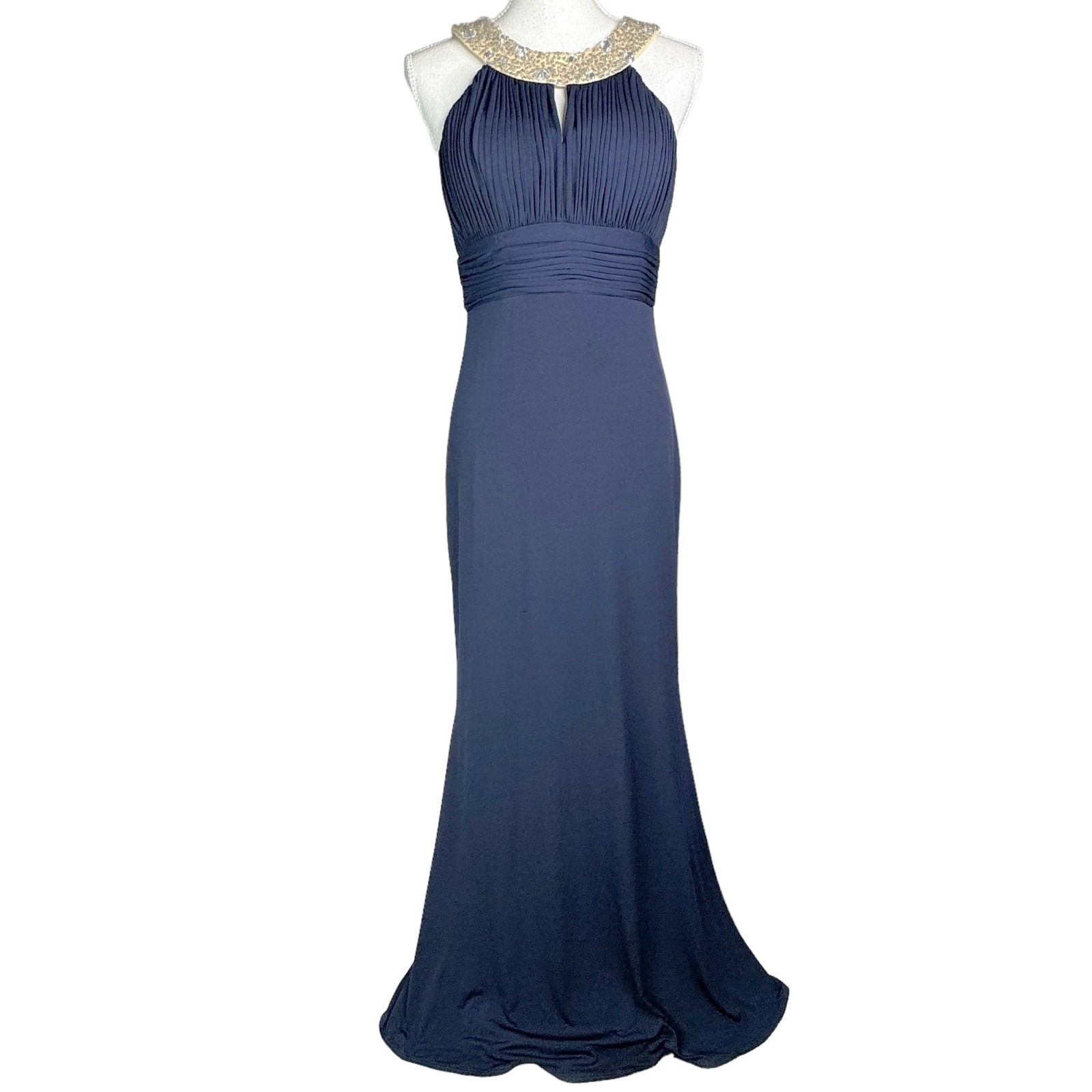 JS Boutique Halter Gown Maxi Dress Beaded Collar Keyhole Mermaid Hem Navy Blue 6