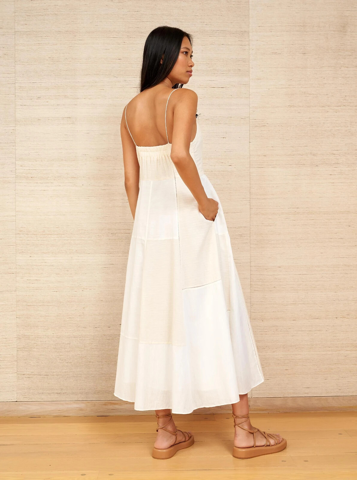 LA LIGNE Natural Ivory Patchwork Ethereal Goddess Celeste Midi Dress LARGE 10/12