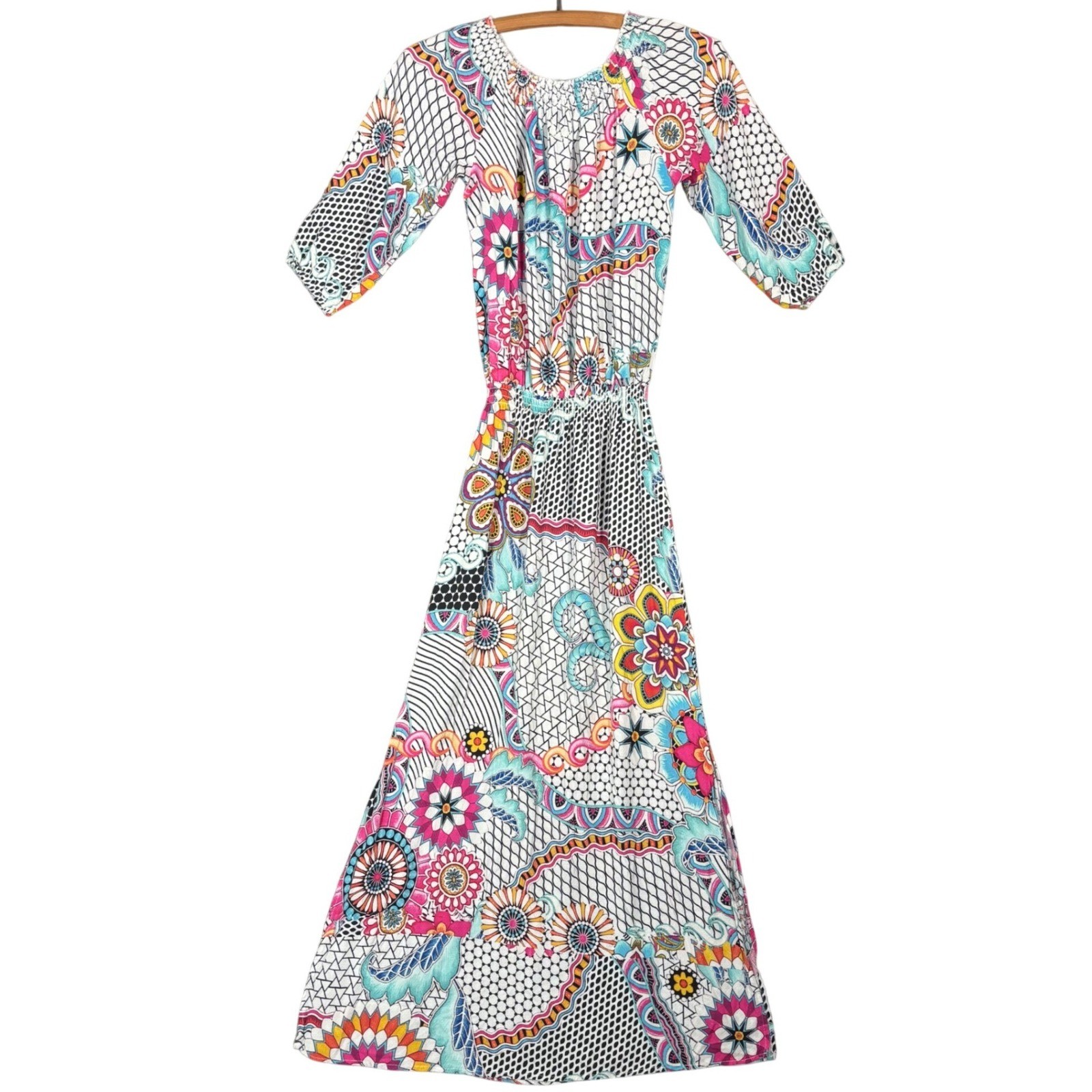 Desigual Womens Multicolor Geometric Floral Smocked Maxi Dress EU 36 US S Boho