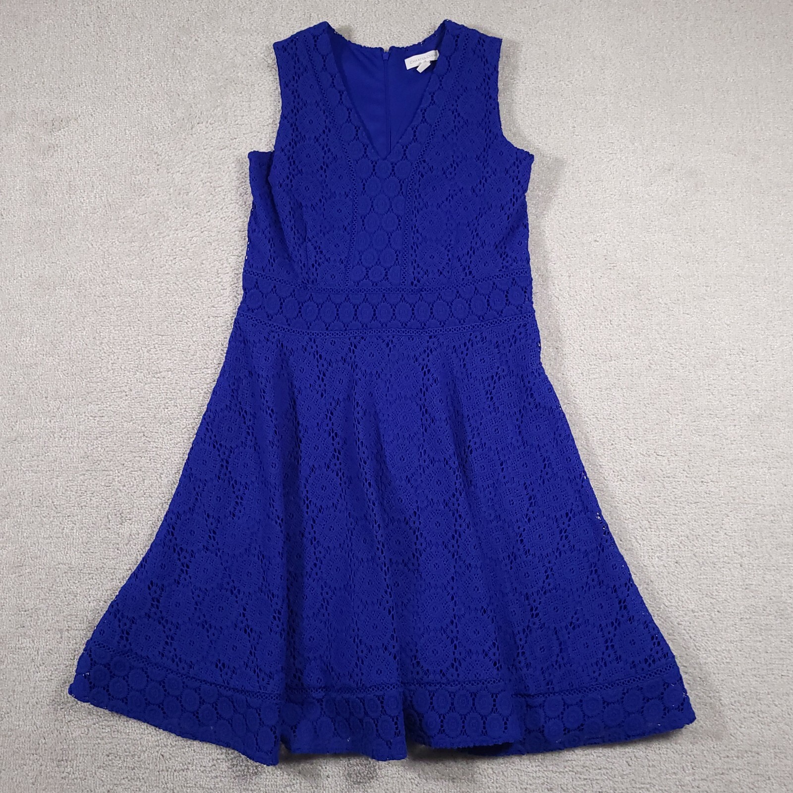 Charter Club Dress Women’s PM Petite Blue Crochet Sleeveless V Neck Zip