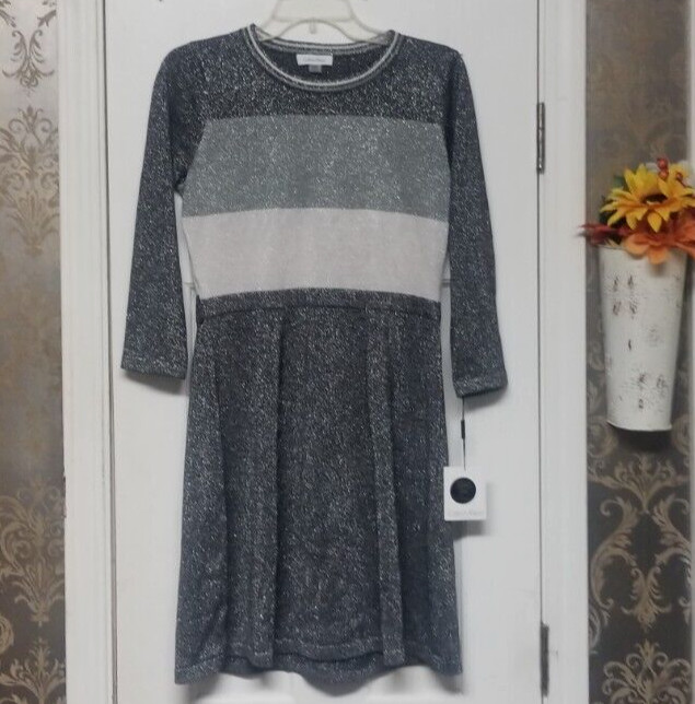 Calvin Klein Women’s Metallic Colorblocked Sweater Dress Grays Sz PM NWT Read!