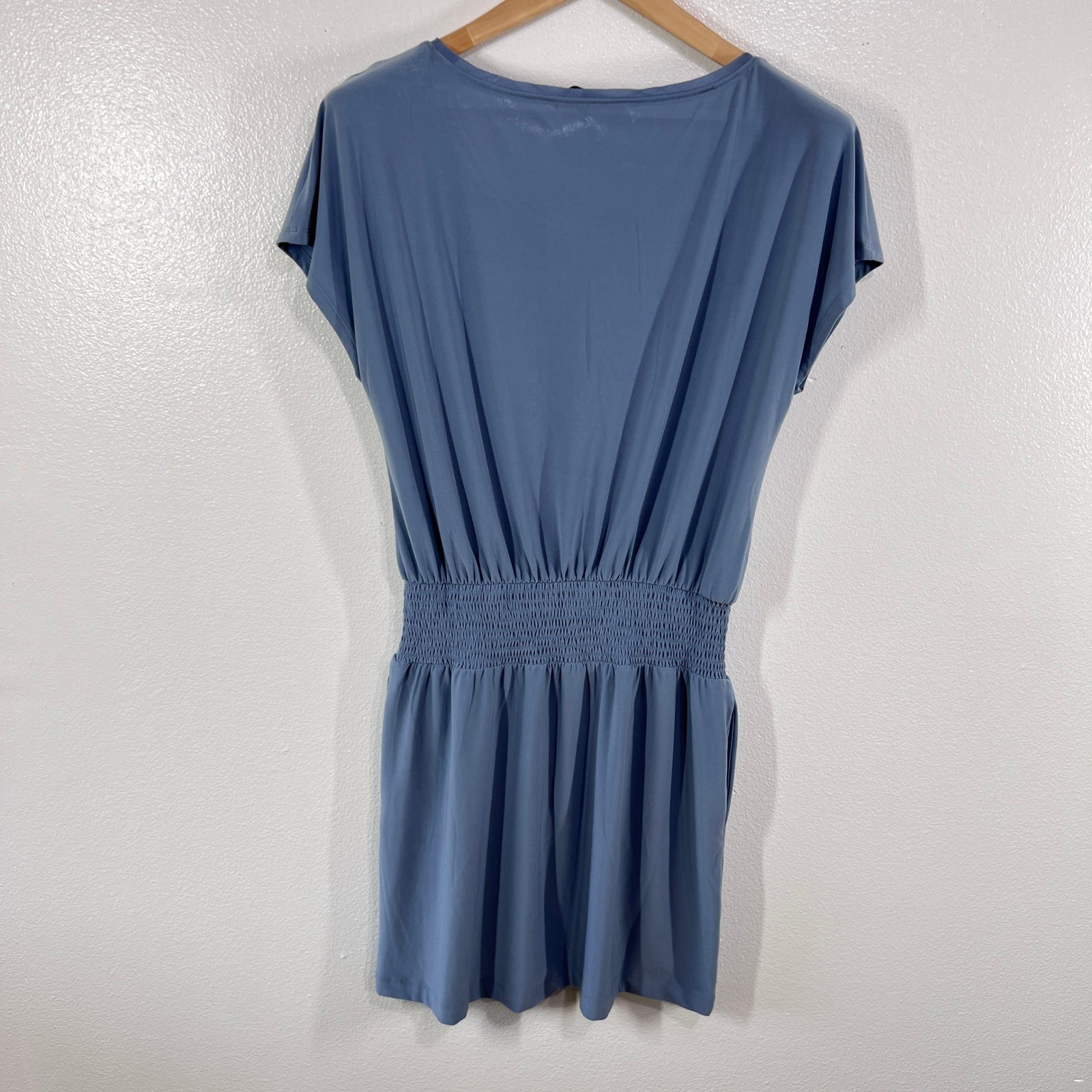 White House Black Market Light Blue Smocked Waist Dress Small Cap Sleeves Midi