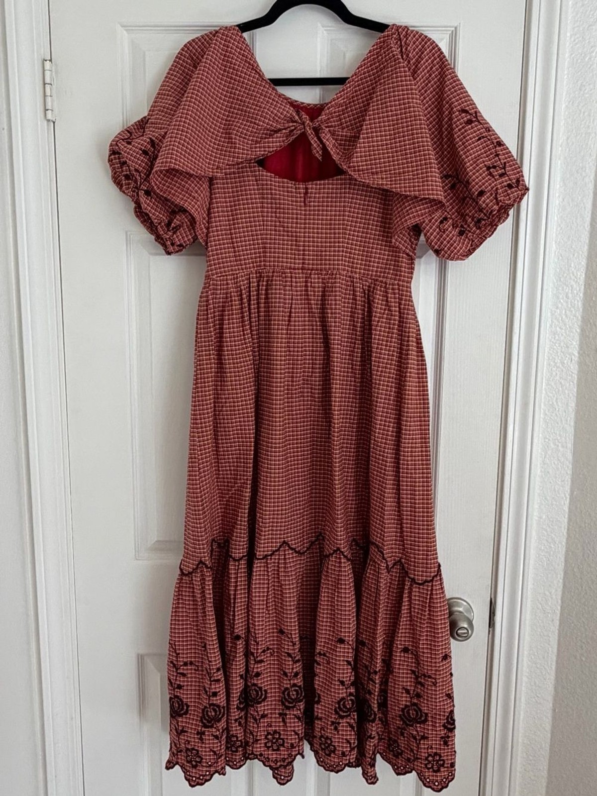 Madewell NWOT Red Gingham Embroidered Puff Sleeve Bow Back Midi Dress Size 10