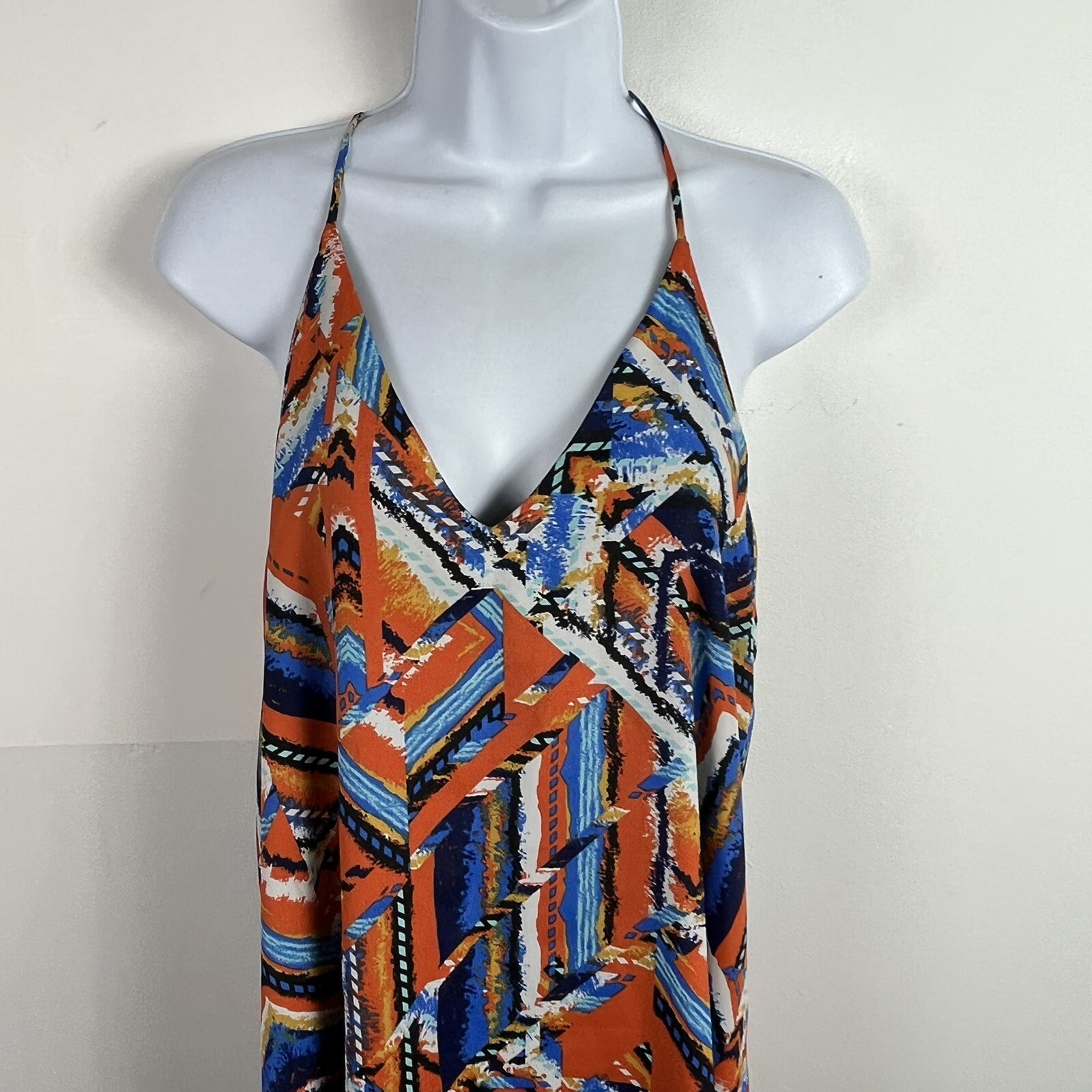 Three Eighty Two Sun Dress Sz S Orange Blue White Geometric V Neck Boho Festival