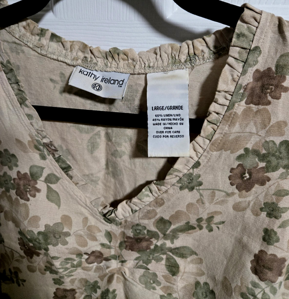 Kathy Ireland Beige/Green Sleeveless Floral Linen Blend Dress;Ruffle V-Neck;Sz L